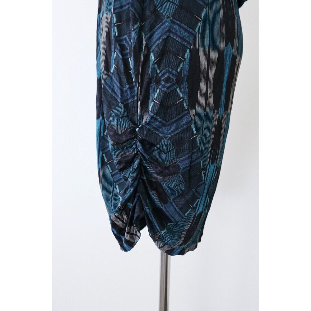 Dolce Vita Size M Geometric Print Dress Leather Cutout Back Ruched Teal Blue - Picture 9 of 13